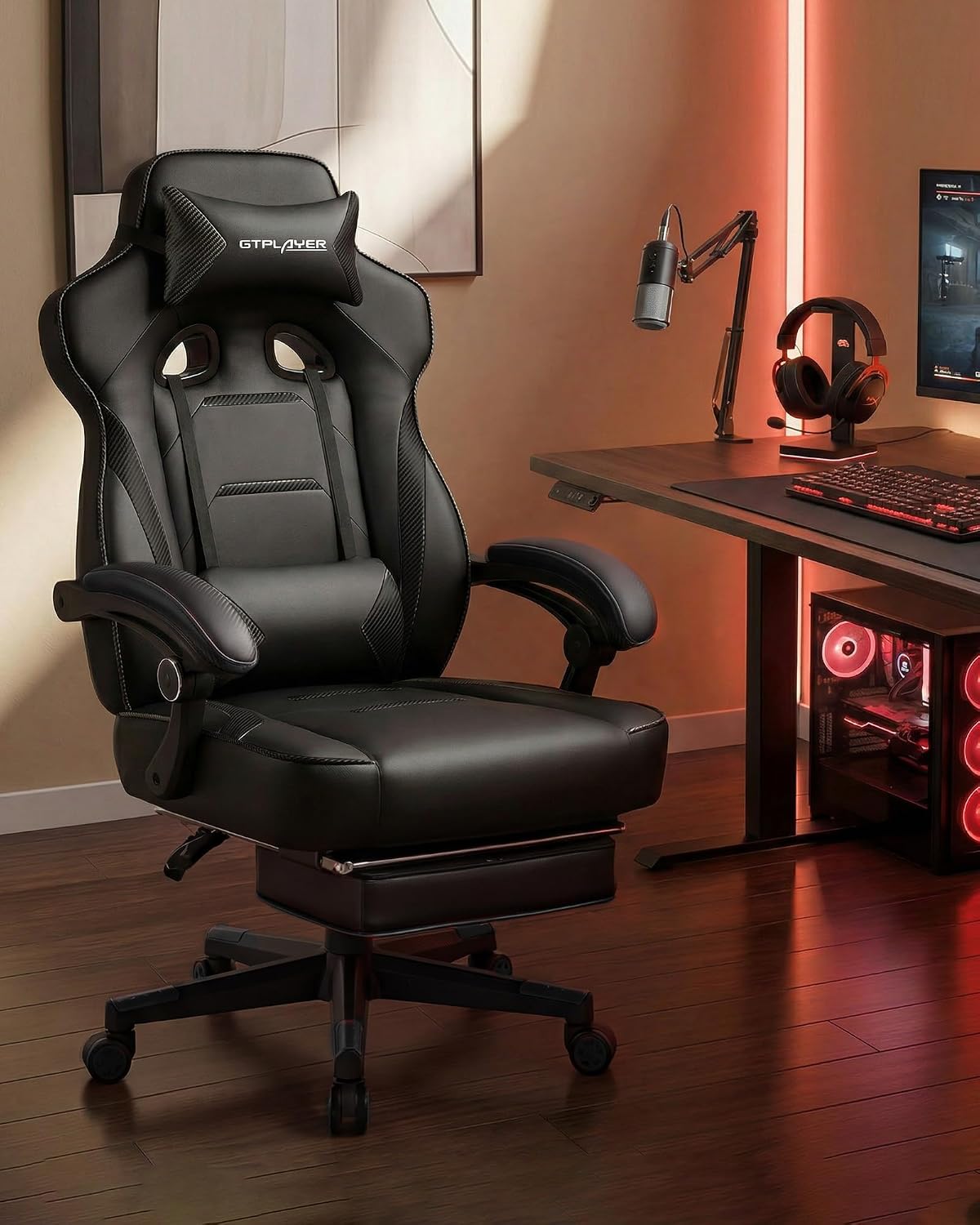 GTPLAYER Gaming Chair with Footrest, Big and Tall Game Chair 350lb Racing Style Computer Chair, Ergonomic Executive Office Chair High Back with Lumbar Support and Recliner, Black