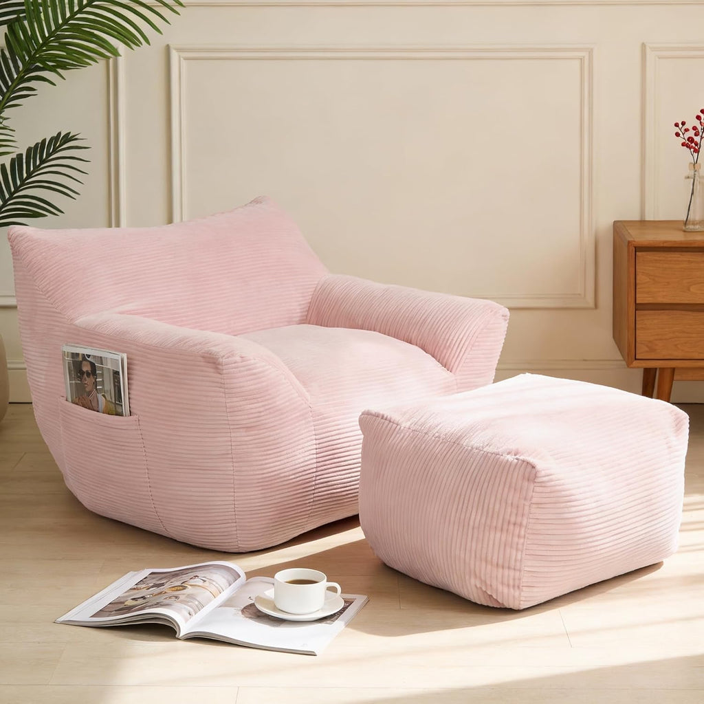 Giant Bean Bag Chair with Ottoman, Comfy Bean Bag Couch with 2 Side Pocket, Corduroy Boneless Couch Chair in a Box, Stuffed Lounge Floor Sofa for Dorm, Bedroom, Living Room, Pink