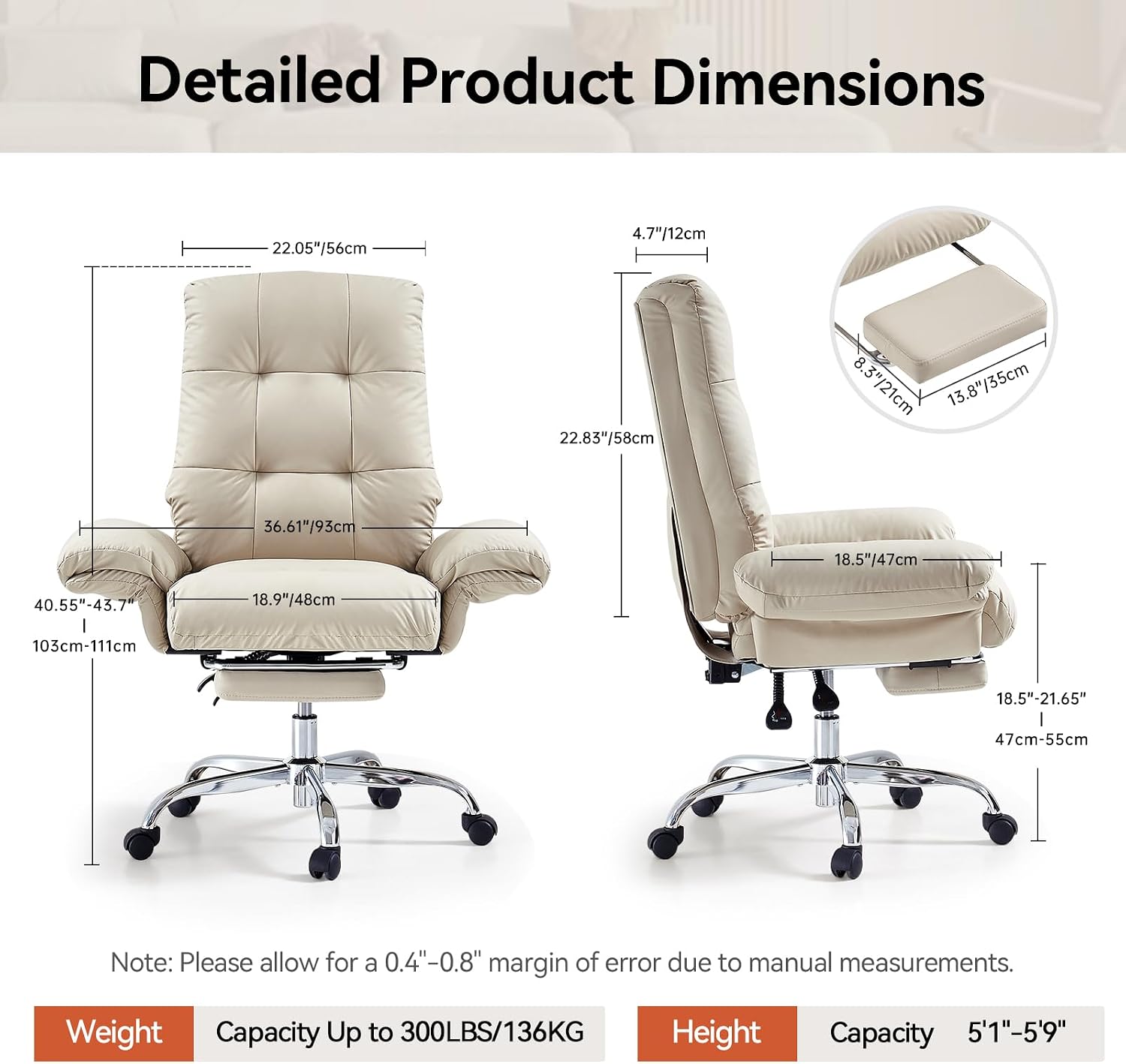 EMIAH Office Chair with Foot Rest Criss Cross Chair with Wheels and Flip-up Arms Reclining Desk Chair Comfy Wide Seat PU Leather Rolling Computer Home Office Chair (Beige)