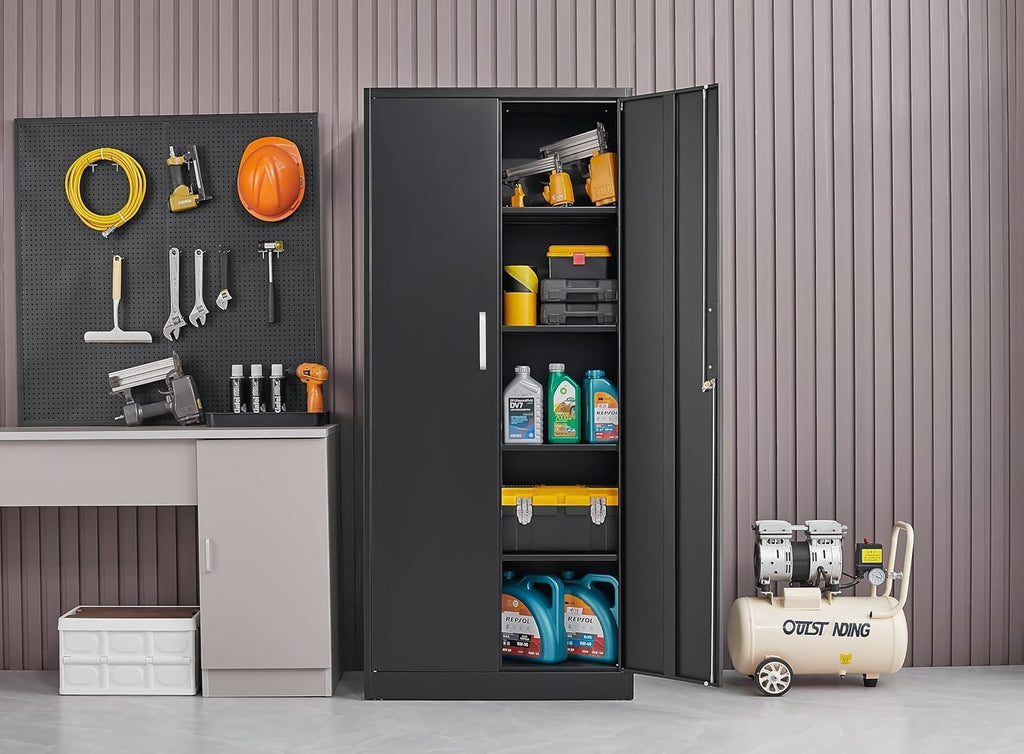 Guizeeopo Metal Storage Cabinet with Adjustable Shelves, Garage Storage Cabinets with Doors and Shelves, File Cabinets for Home Office, Kitchen Pantry Cabinet, 71'H, Black