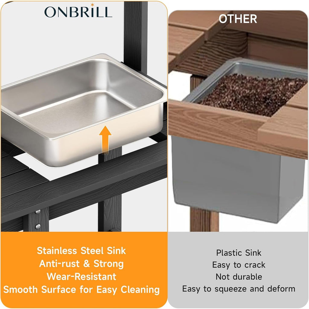 ONBRILL Potting Bench, Outdoor Potting Bench Table with Removable Sink, HDPS Potting Benches for Outside, Garden Table with Storage Shelves & 4 Side Hooks, No Rot, No Fade, No Break, 360lbs Capacity