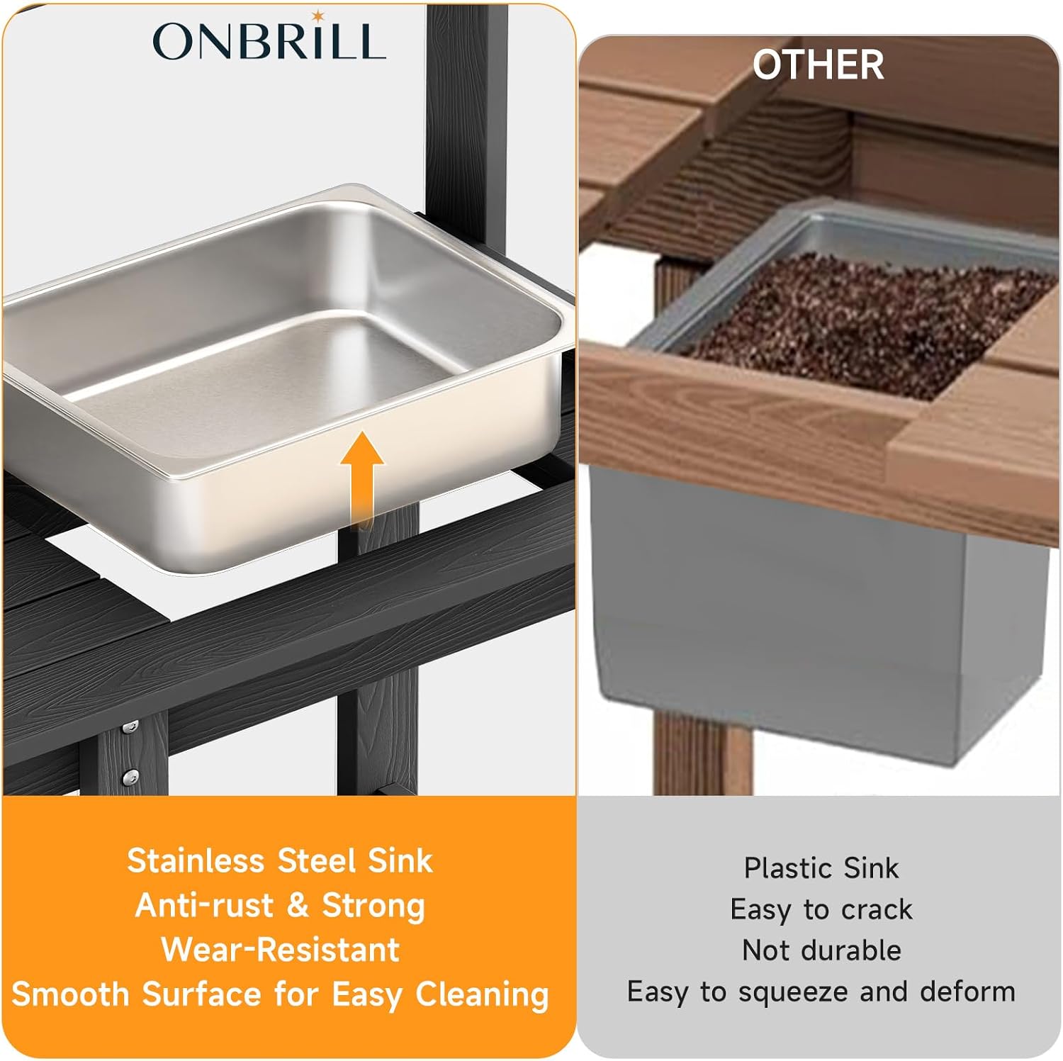 ONBRILL Potting Bench, Outdoor Potting Bench Table with Removable Sink, HDPS Potting Benches for Outside, Garden Table with Storage Shelves & 4 Side Hooks, No Rot, No Fade, No Break, 360lbs Capacity