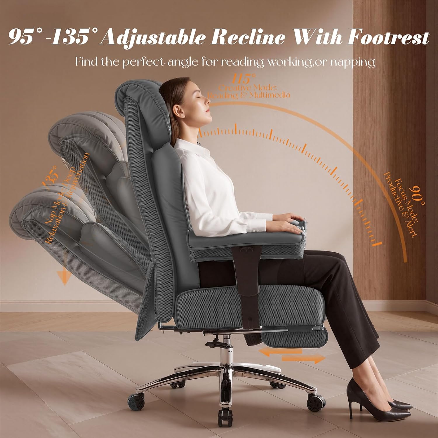 Efomao Big and Tall Office Chair 400lbs, Executive High Back Office Chair with 24' Extra Wide 6.1' Spring Cushion and Footrest, Reclining Heavy Duty Desk Chair for Home Office, Grey