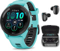 Garmin Forerunner 265 Music GPS Running 46 mm Smartwatch, Aqua with AMOLED 1.3 in Touchscreen Display Black Earbuds Bundle, Aqua +Blk EarBuds