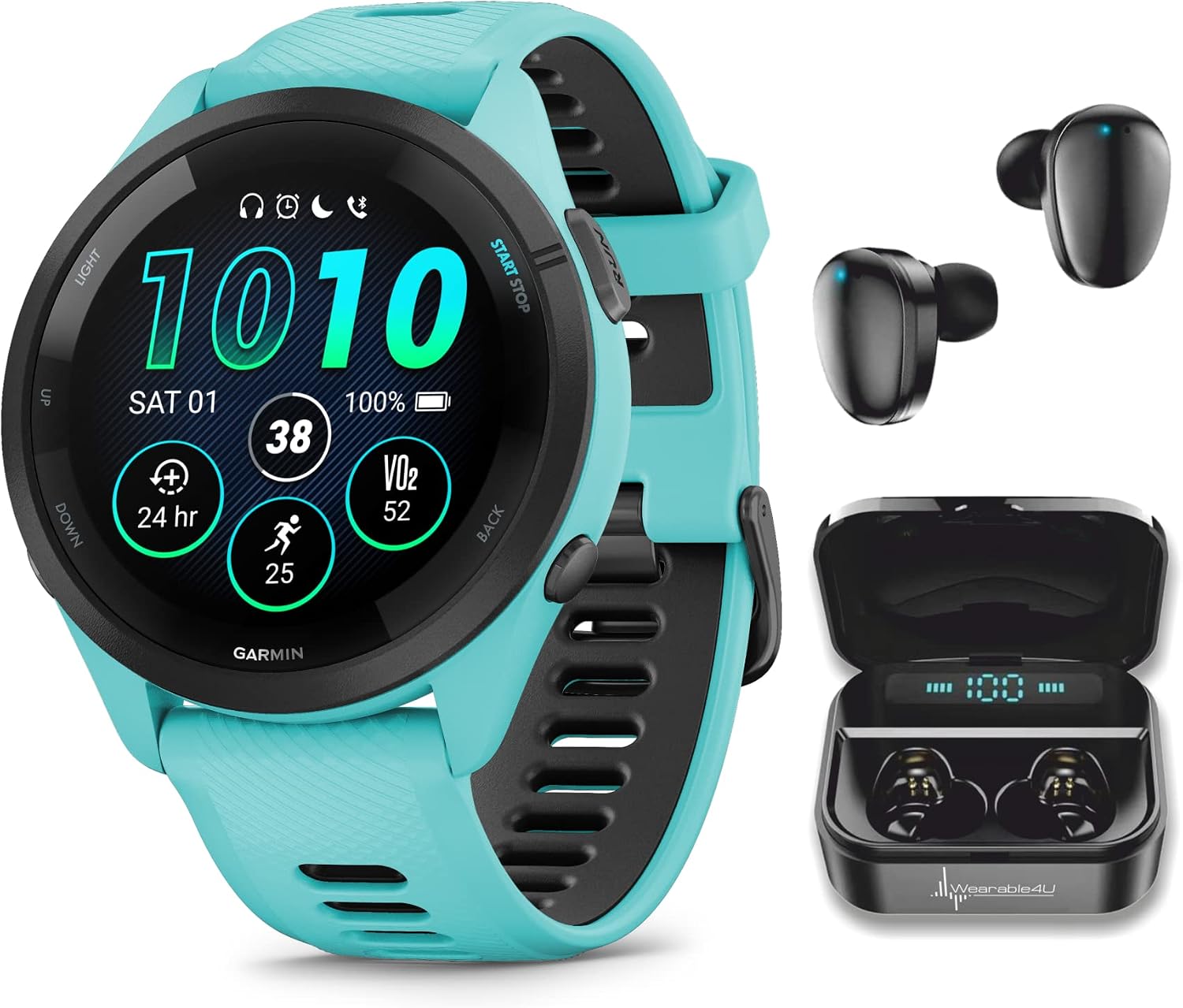 Garmin Forerunner 265 Music GPS Running 46 mm Smartwatch, Aqua with AMOLED 1.3 in Touchscreen Display Black Earbuds Bundle, Aqua +Blk EarBuds