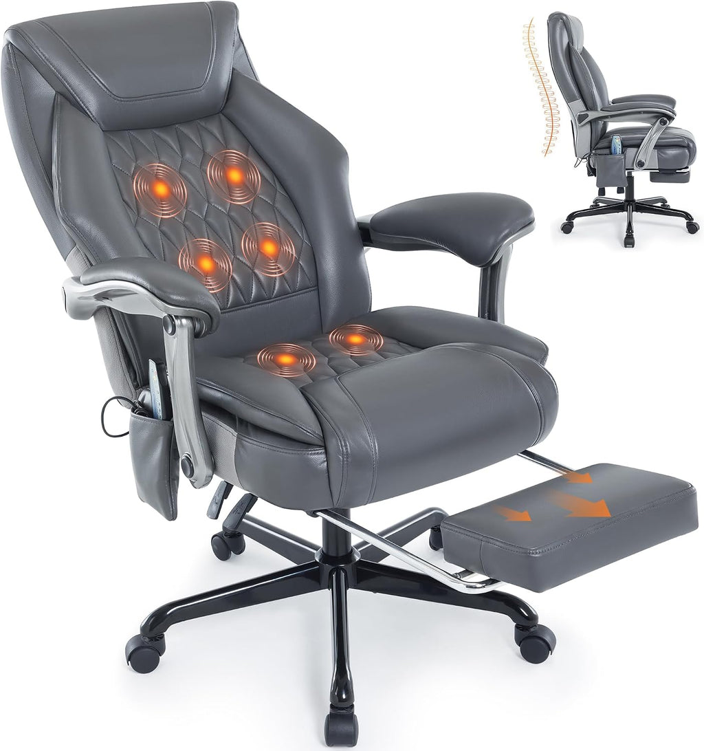 Massage Office Chair with Heat & Footrest, Ergonomic Reclining Executive Desk Chairs with 6-Point Vibration, PU Leather Computer Chair for Home Office or Gaming