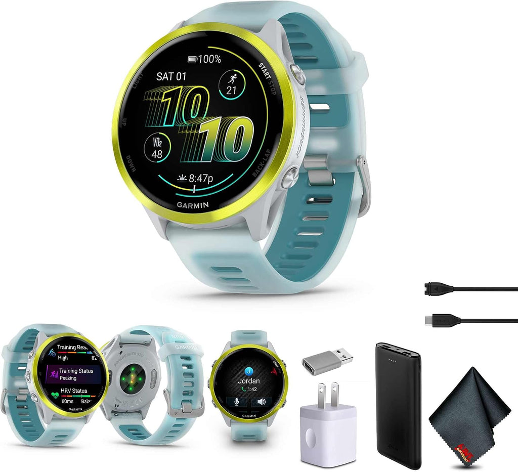 Garmin Forerunner 570 Running Smartwatch, 47MM WiFi, GPS Fitness Smart Watch for Men and Women, Amp Yellow Aluminum with Translucent Whitestone/Turquoise Band Bundle with P-Bank + More