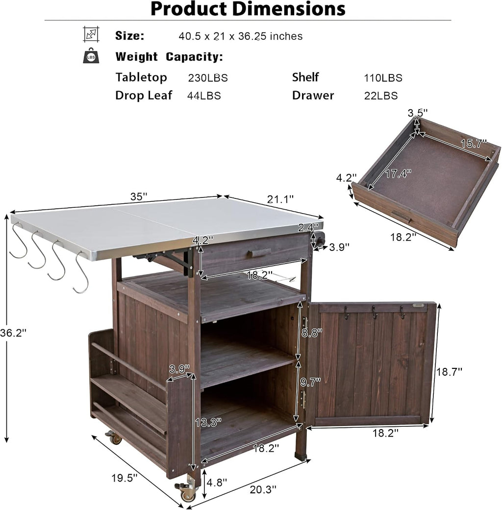 LUMISOL Outdoor Grill Cart with Stainless Steel Top, 40.5' Outdoor Rolling Kitchen Island with Drop Leaf, Drawer and Towel Rack, Outdoor Storage Cabinet with Lockable Wheels, Brown