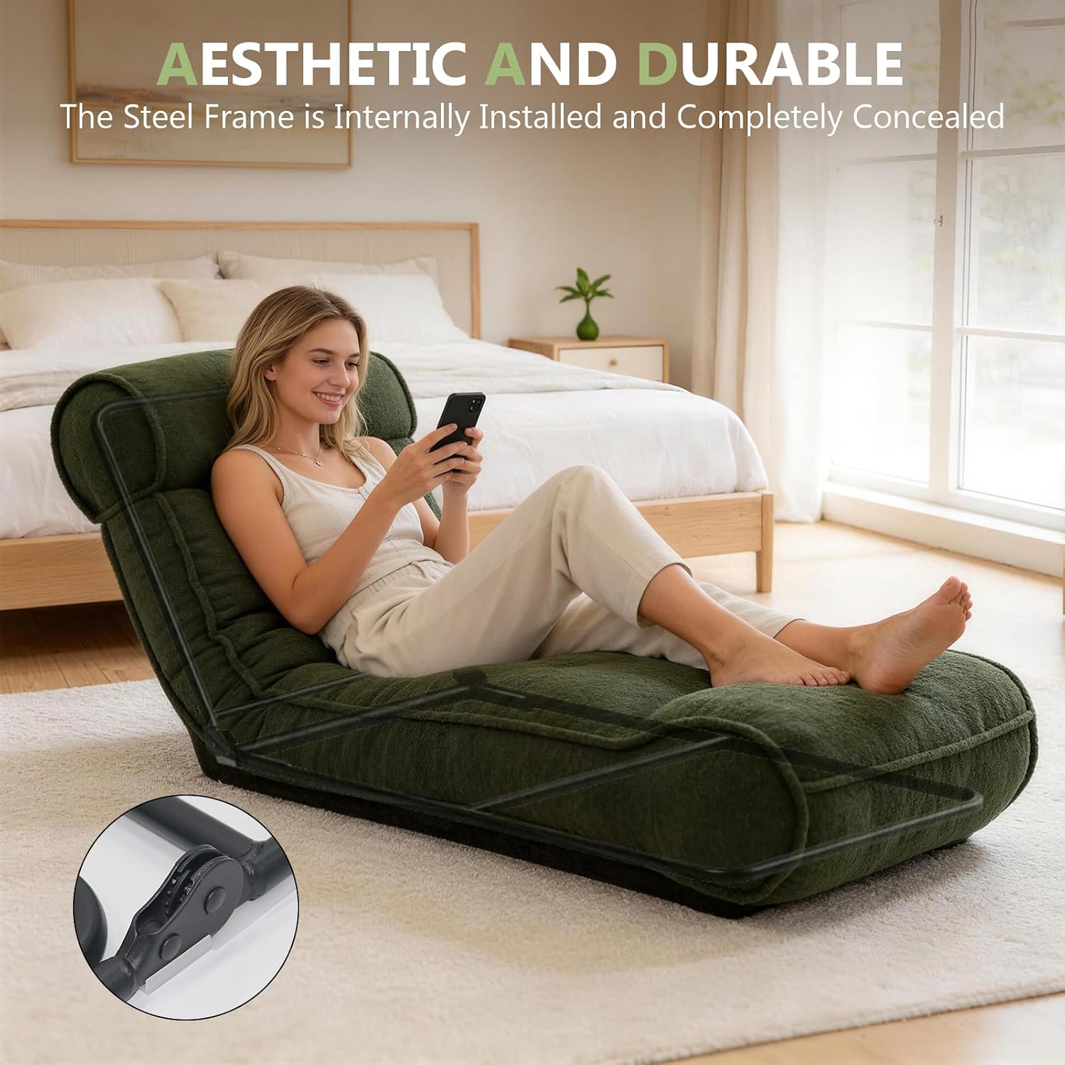 67'' Floor Chair with Back Support Meditation Chair Couch Recliner w Adjustable Backrest Lazy Floor Lounger Gaming Chair for Adults Sofa Bed Sleeper Chair Chaise Lounge Chair Indoor, Green
