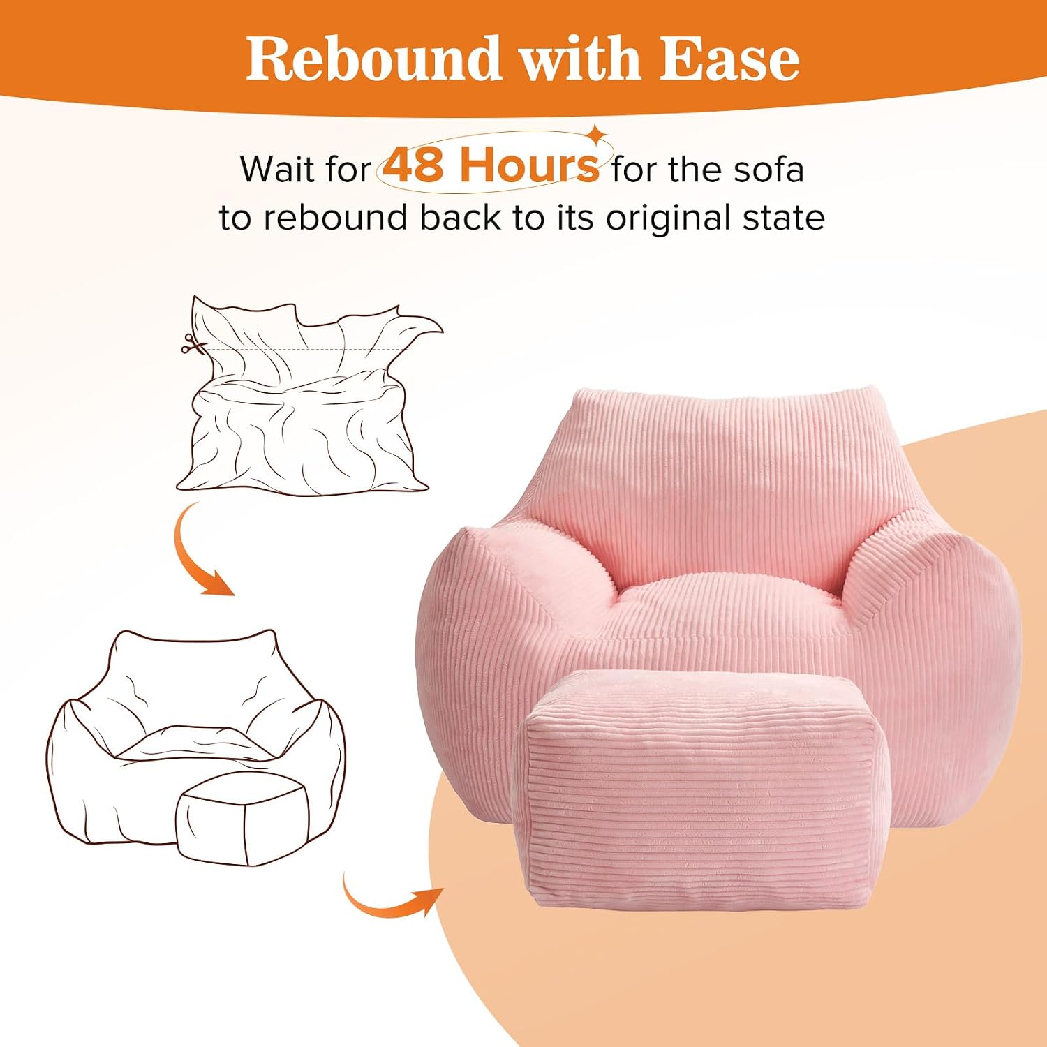 Big Bean Bag Chair for Adults, Ultra Soft Living Room Bean Bag with Armrests & Ottoman, Stuffed BeanBag Chair for Napping, Gaming, Vacuum-Compressed for Easy Gifting, 48h to Expand, Pink