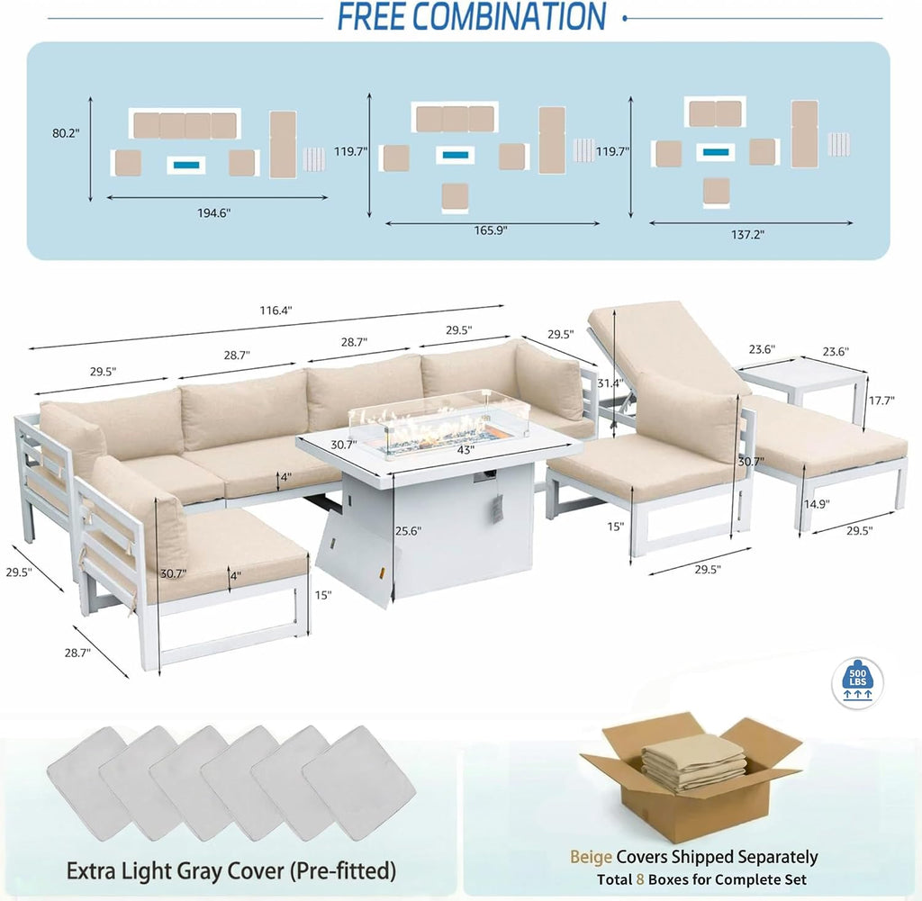 NICESOUL Extra Large Luxury Aluminum Outdoor Sectional Sofa with Lounger, Weather Resistant Modular Patio Furniture Set for 7 People, 500 lbs Heavy Duty Conversation Couch for Poolside Garden, Beige