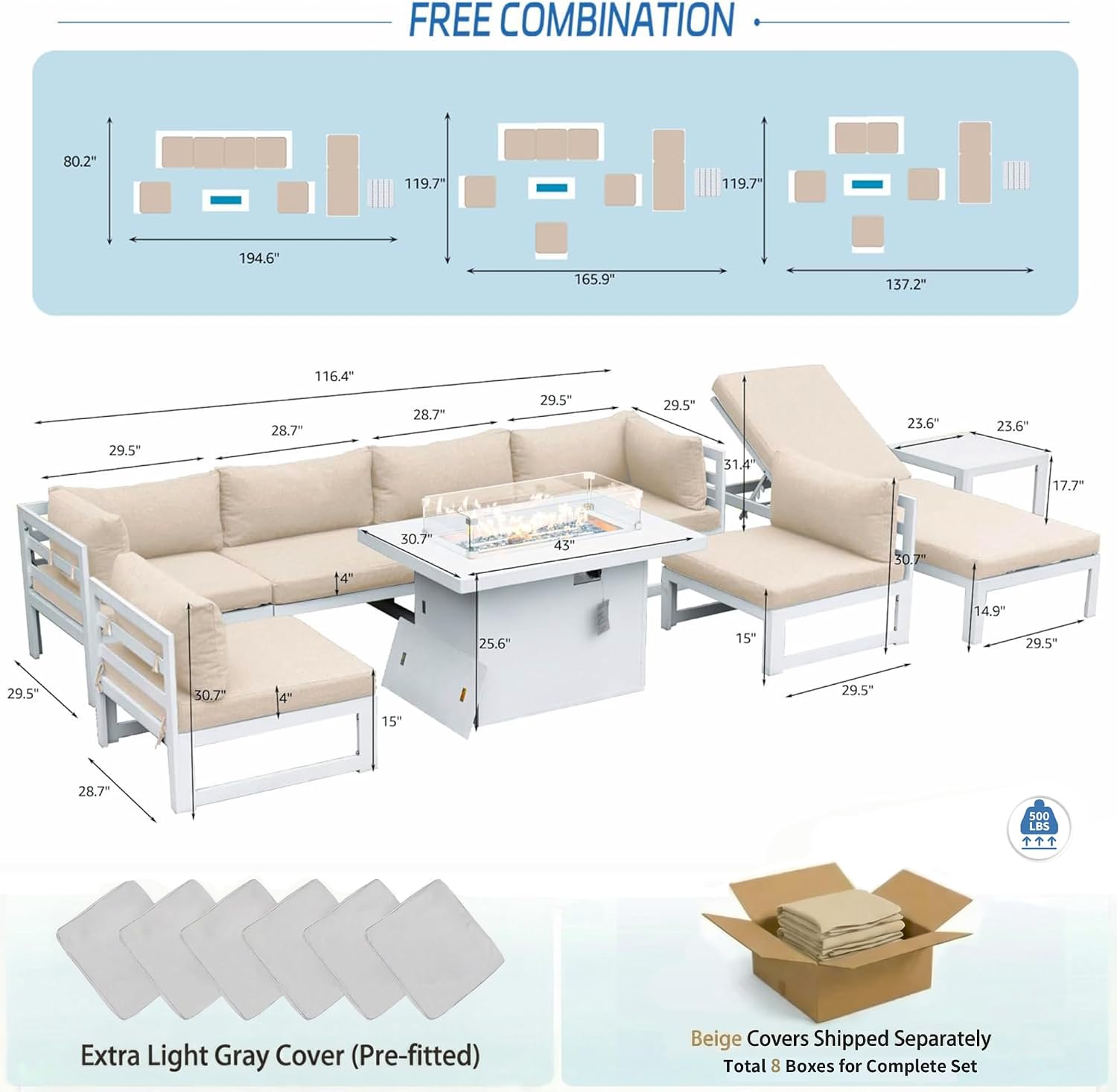 NICESOUL Extra Large Luxury Aluminum Outdoor Sectional Sofa with Lounger, Weather Resistant Modular Patio Furniture Set for 7 People, 500 lbs Heavy Duty Conversation Couch for Poolside Garden, Beige