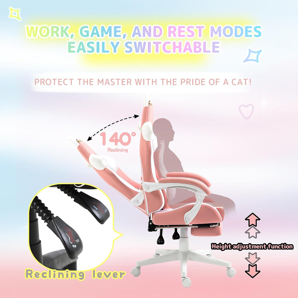 Dowinx 5TE5 Gaming Chair Cute with Cat Ears and Massage Lumbar Support, Ergonomic Computer Chair Footrest and Headrest, Comfortable Reclining Game Chair 290lbs for Adult, Teen, Pink