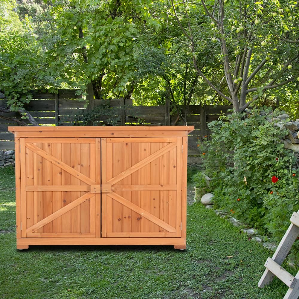 Outdoor Wooden Storage Cabinet, Wood Garden Shed, Outside Tool Shed, Vertical Organizer Cabinet with Double Doors for Outside, Garden and Yard
