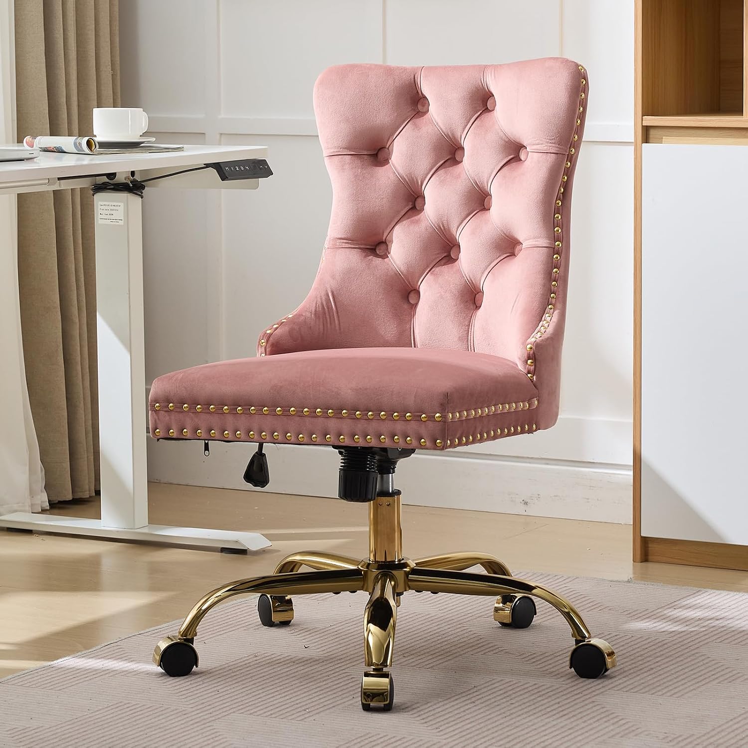Pink Velvet Home Office Desk Chair with Wheels & Gold Base, Comfy Makeup Vanity Chair with Tufted Back for Women Girls, Upholstered Adjustable Swivel Armless Office Chair for Bedroom, Pink