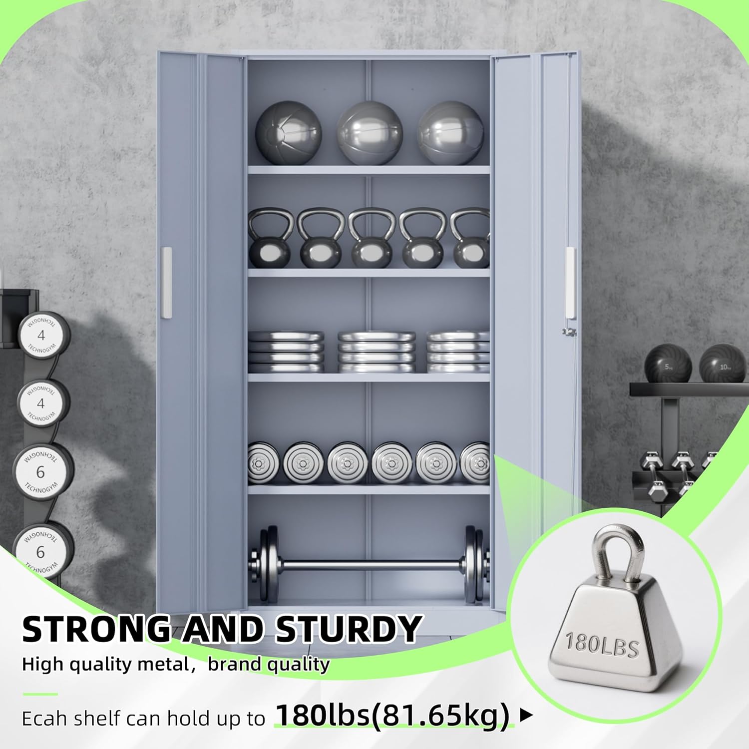 SUNCROWN 72' Metal Storage Cabinet - Heavy-Duty Metal Garage Cabinet with 4 Adjustable Shelves & 2 Doors for Tools, Office, Home, Workshop,Cement Grey-Small