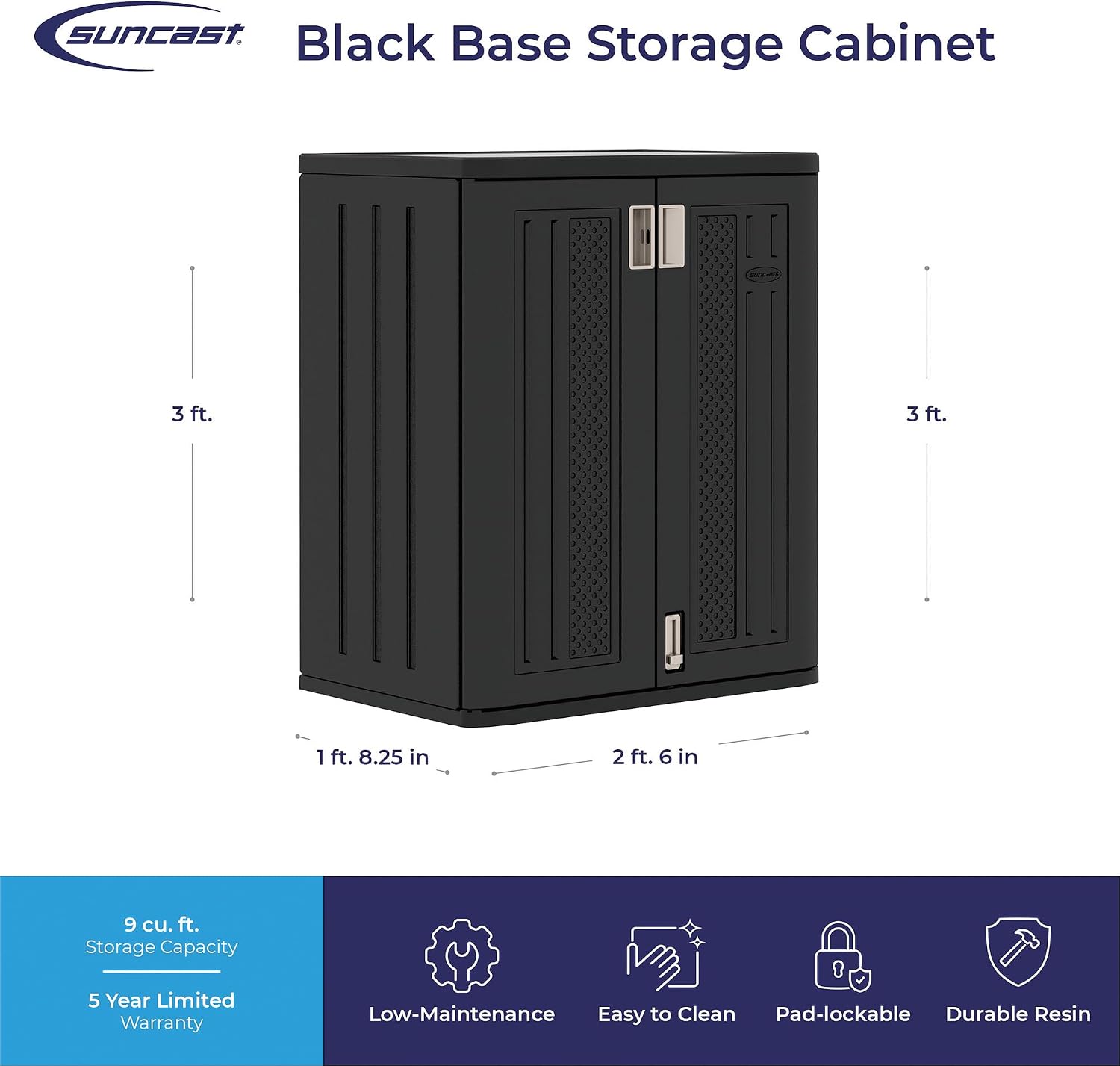 Suncast Base Storage Cabinet for Garage Organization, 9 Cu. Ft. Capacity, Black - Lockable Multi-Wall 2-Shelf Resin Organizer for Garden Supplies, Paint Cans & Outdoor Tools