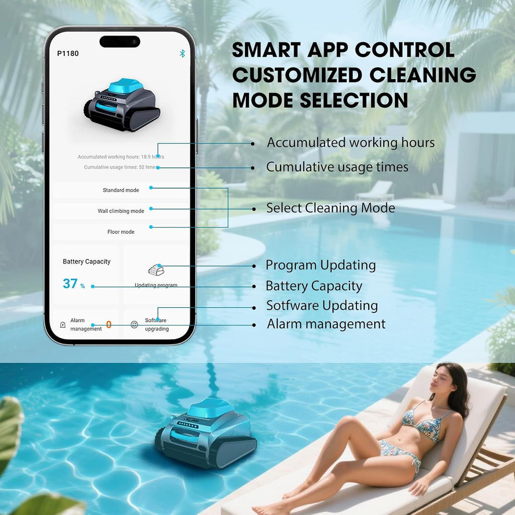 Cordless Robotic Pool Cleaner, Automatic Pool Robot with 2H Runtime, 80GPM Strong Suction, Wall-Climbing Function, Smart App & Bluetooth Control, 3-in-1 Cleaning for Floor, Wall & Waterline