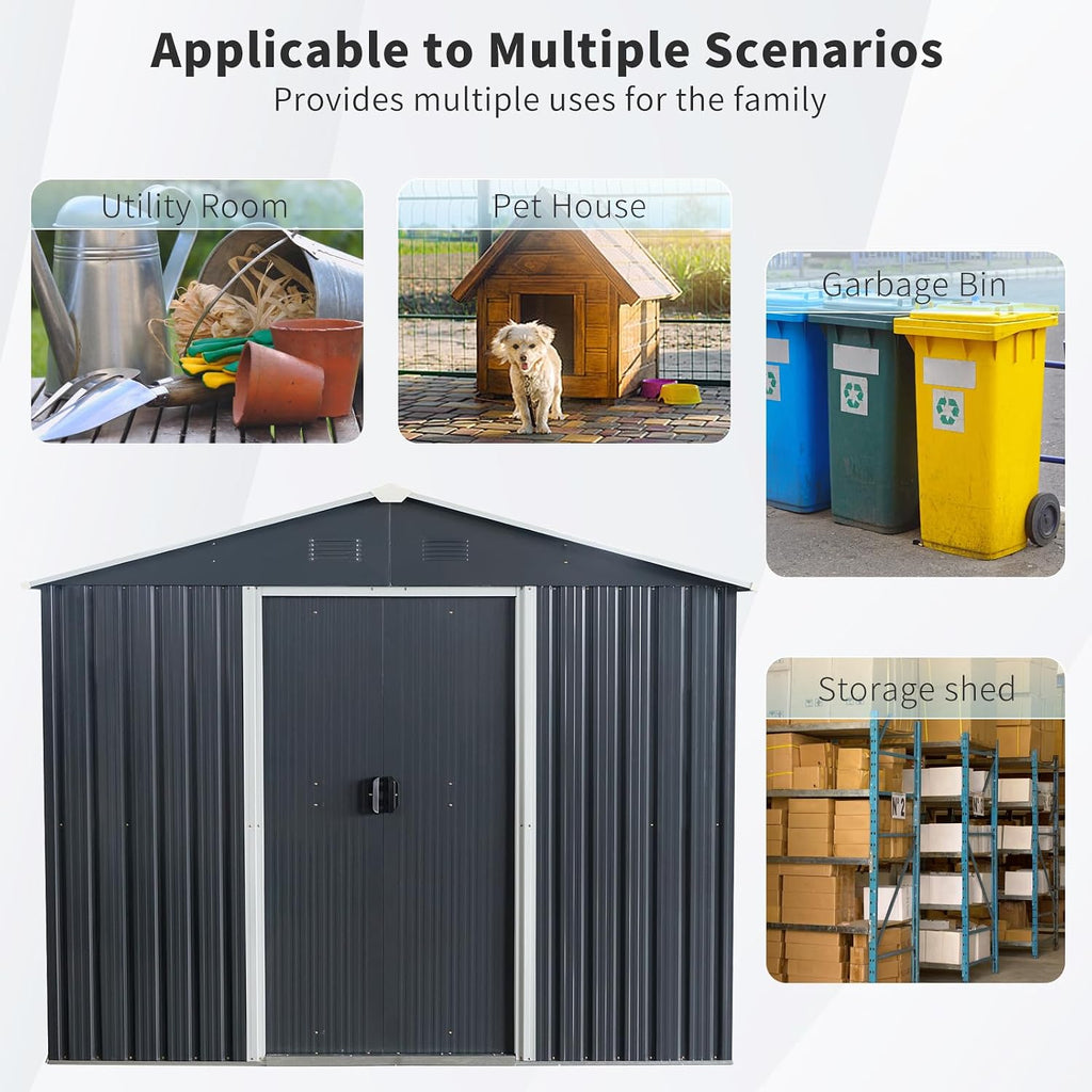 8ft x 10ft Outdoor Metal Storage Shed with Floor Base,Black