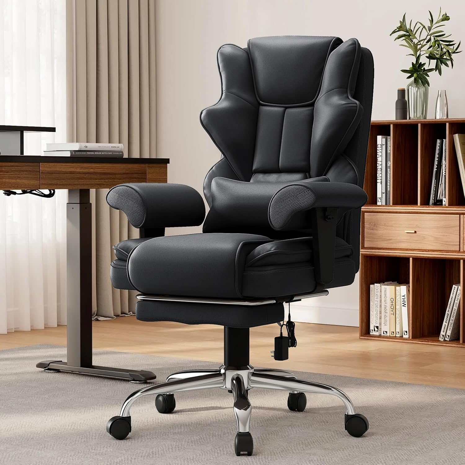 7-Point Massage Office Chair,Heated Desk Manageral Chair,Ergonomic Executive Chair with Footrest,Adjustable Armrest，Computer Chair for Offices, Study Areas, Gaming Spaces,Black