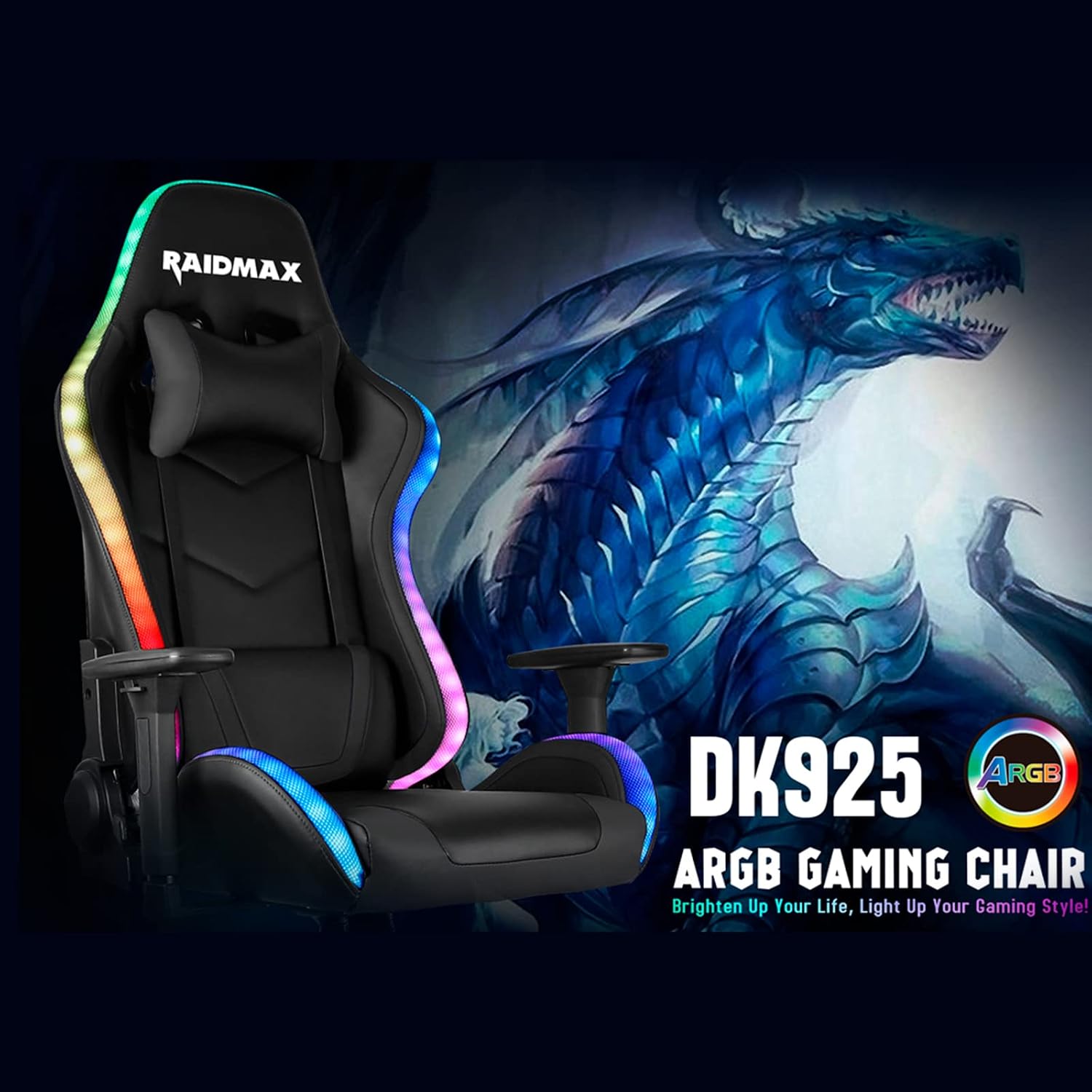 Raidmax DK925 Ergonomic Gaming Chair with Adjustable Armrest and RGB Lighting with Remote Control- Reclining, High-Performance Chair with Lumbar Support