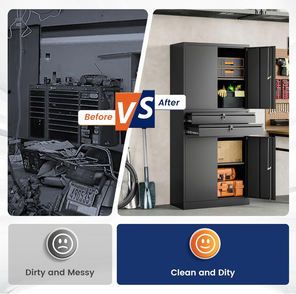 Yizosh Metal Garage Storage Cabinet with Locking Doors and Adjustable Shelves, 71' Tool Storage Cabinet with 2 Drawer for Garage,Warehouse