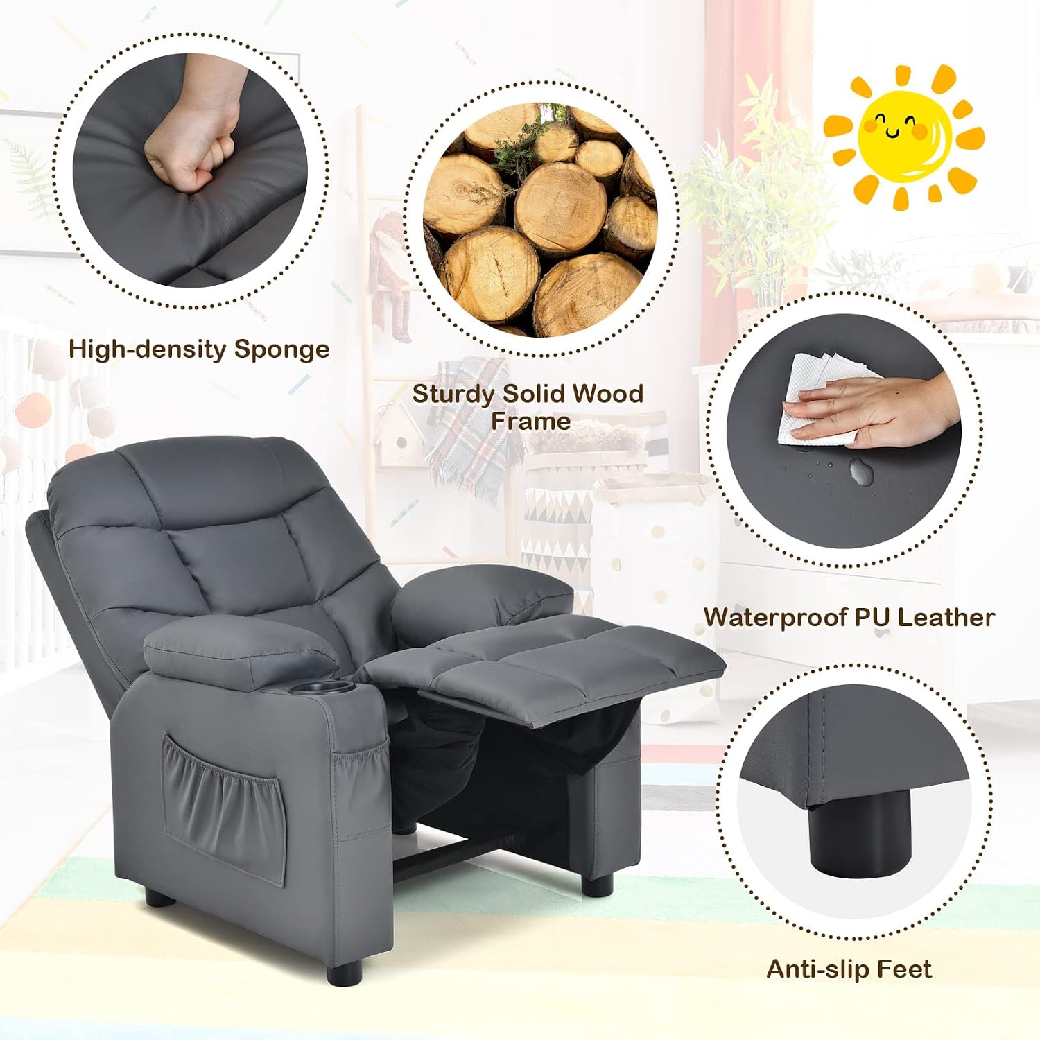 MAT EXPERT Kids Recliner, Leather Adjustable Reading Gaming Chair w/ 2 Cup Holder, 3 Side Pocket Storage & Footrest, Kids Couch Toddler Lounge Chair for Boys Girls, Kids Room Playroom Nursery (Grey)