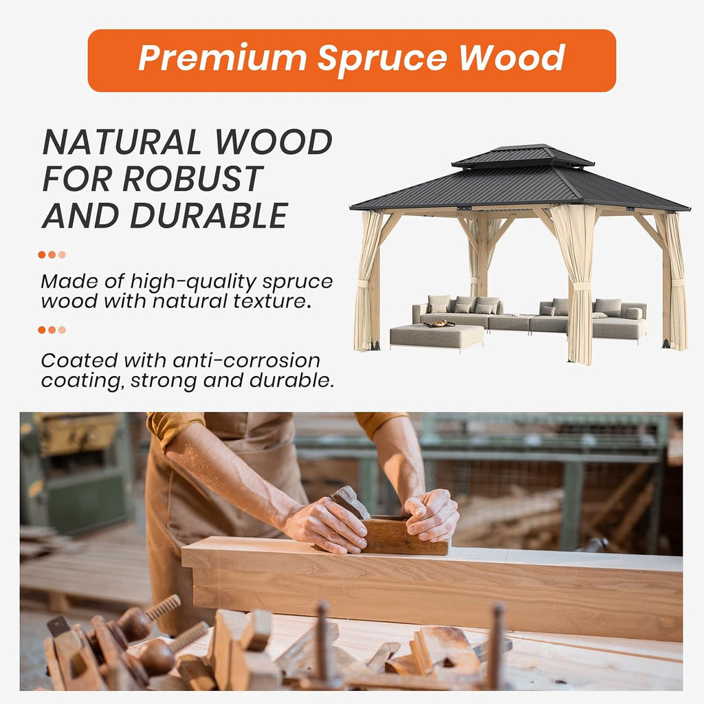 Outdoor Wooden Gazebo - Outdoor Patio Gazebo with Galvanized Steel Double Roof, Cedar Wooden Frame Pavilion, Pergolas for Garden, Lawn, Poolside (11X13FT)