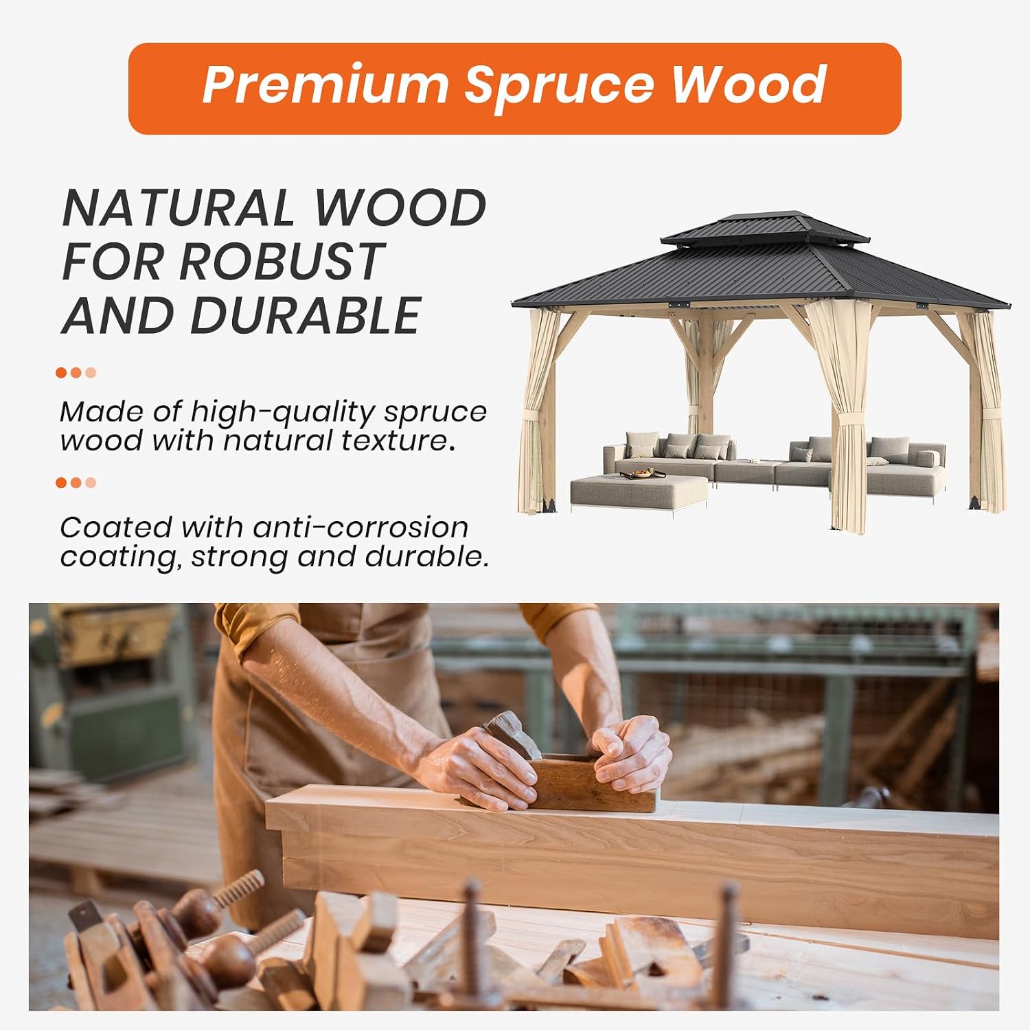 Outdoor Wooden Gazebo - Outdoor Patio Gazebo with Galvanized Steel Double Roof, Cedar Wooden Frame Pavilion, Pergolas for Garden, Lawn, Poolside (11X13FT)