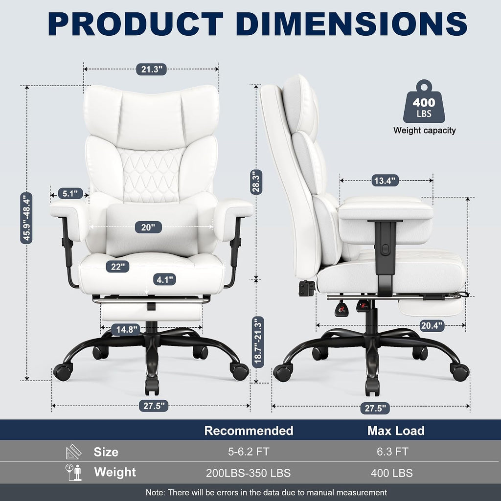 Misolant Big and Tall Office Chair with Footrest, High Back Executive Desk Chair with Adjustable Lift Armrest, 155°Recline，Lumbar Support Pillow, Faux Leather Gaming Chairs for Home or Office
