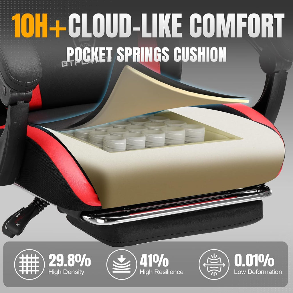 GTPLAYER Gaming Chair with Foot Rest & Pocket Spring Cushion, Ergonomic High Back Computer Chair with Headrest & 360°-Swivel Seat for Home Office Desk, PU Leather, Red