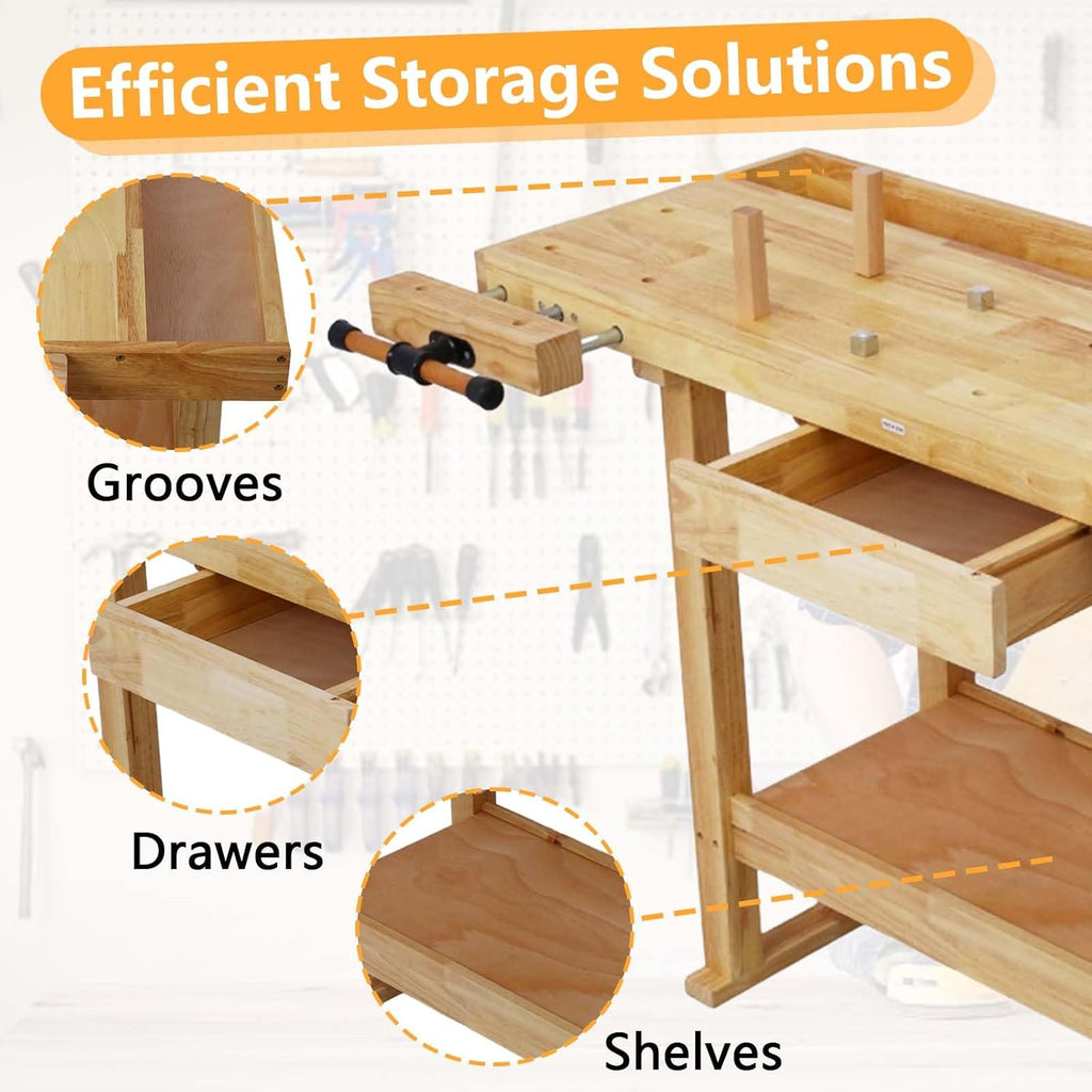 55' Rubber Wood Workbench, Heavy Duty Work Bench with Drawer& Shelf, Work Bench Table for Garage, Workshop, Home Storage, Woodworking Bench, 330 lbs Weight Capacity (55 Natural)