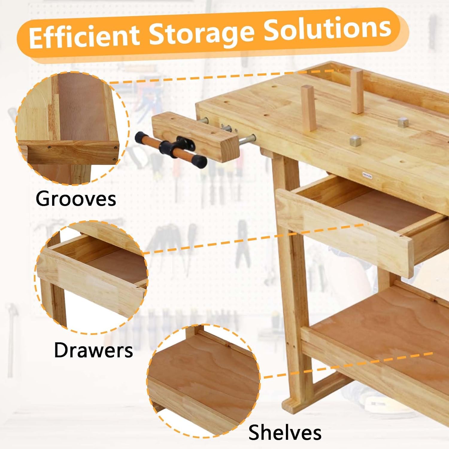 55' Rubber Wood Workbench, Heavy Duty Work Bench with Drawer& Shelf, Work Bench Table for Garage, Workshop, Home Storage, Woodworking Bench, 330 lbs Weight Capacity (55 Natural)