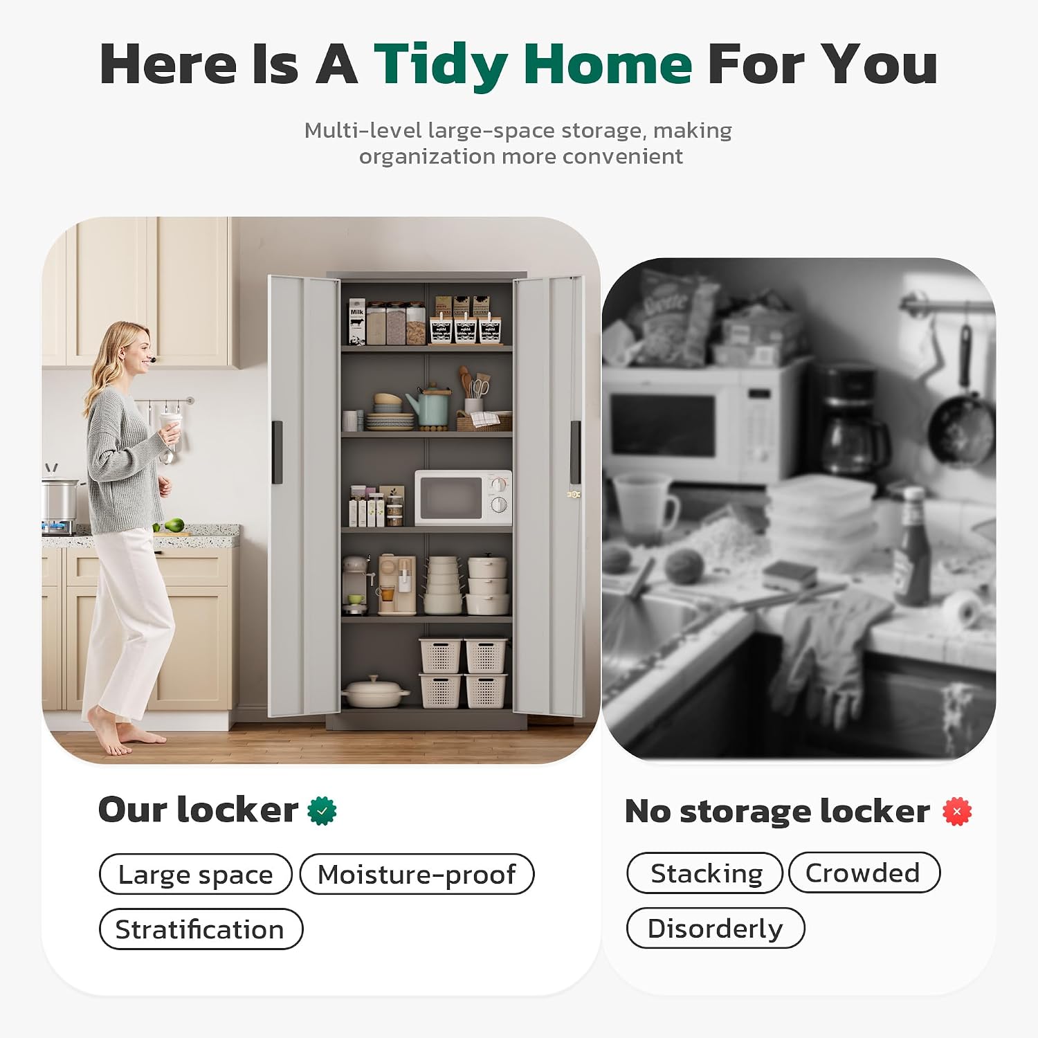 Greenvelly Metal Storage Cabinet, 63' H Locking Metal Storage Cabinet with Doors and 4 Shelves, Lockable Steel Cabinets for Kitchen, Bedroom, Living Room, Office (White Grey)