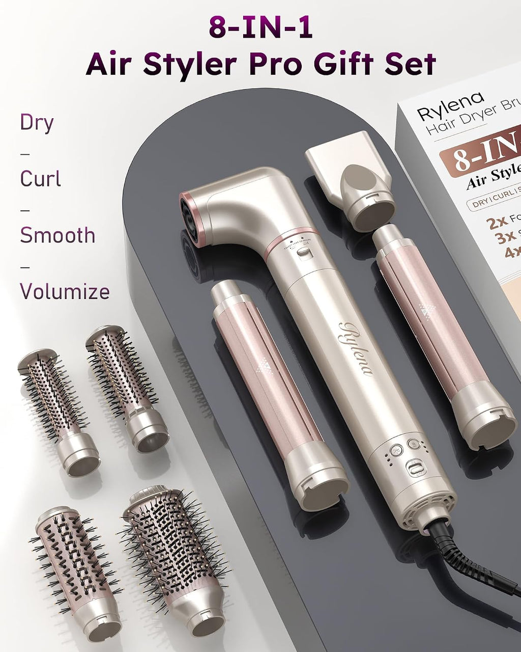 8-in-1 High-Speed Air Styler & Hair Dryer Brush, 110,000 RPM Fast Drying Multi-Styler, Auto-Wrap Curlers, Ionic Frizz-Control, 2 Oval& 2 Round Brushes, Concentrator for Blowouts, Curling&Volume