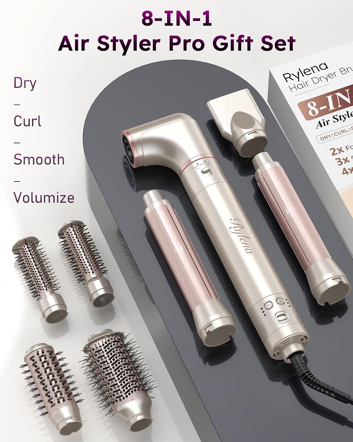 8-in-1 High-Speed Air Styler & Hair Dryer Brush, 110,000 RPM Fast Drying Multi-Styler, Auto-Wrap Curlers, Ionic Frizz-Control, 2 Oval& 2 Round Brushes, Concentrator for Blowouts, Curling&Volume