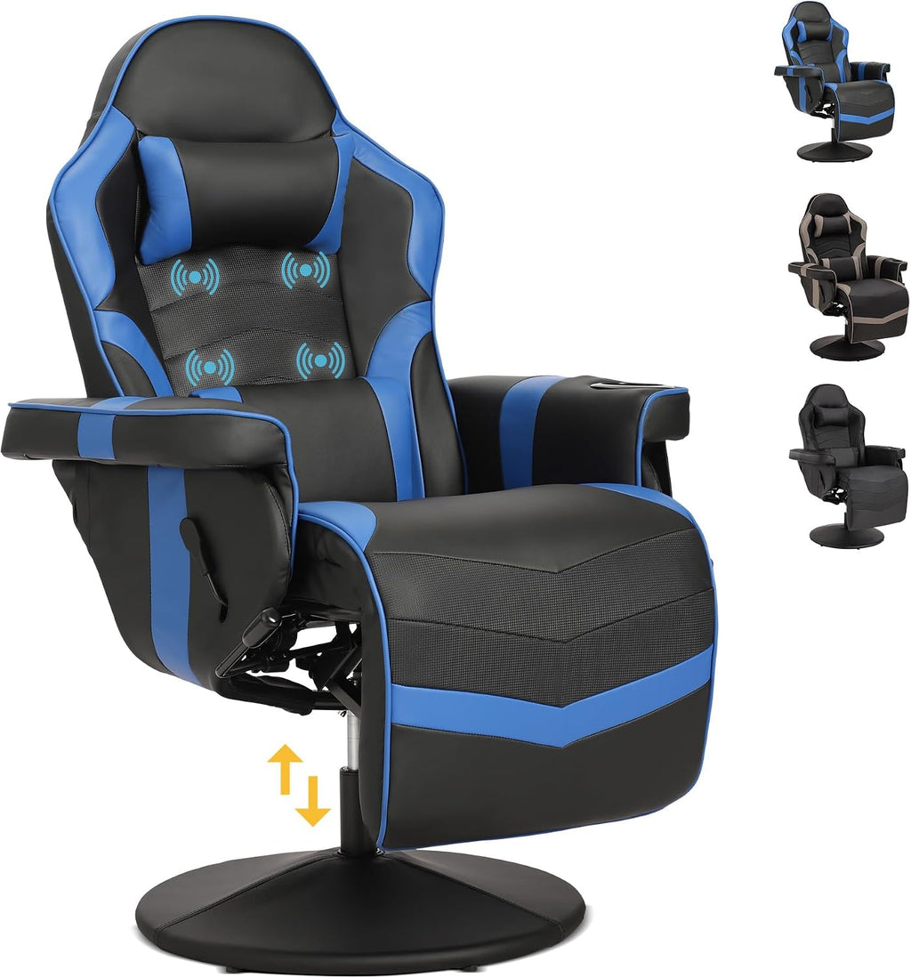 Game Reclining Chair with Adjustable Height, PU Gaming Chair with Massage, Long Footrest and Lumbar Support, High Back Swivel Computer Game Chair for Adult(Blue)