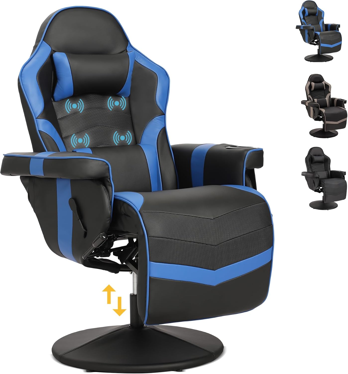 Game Reclining Chair with Adjustable Height, PU Gaming Chair with Massage, Long Footrest and Lumbar Support, High Back Swivel Computer Game Chair for Adult(Blue)