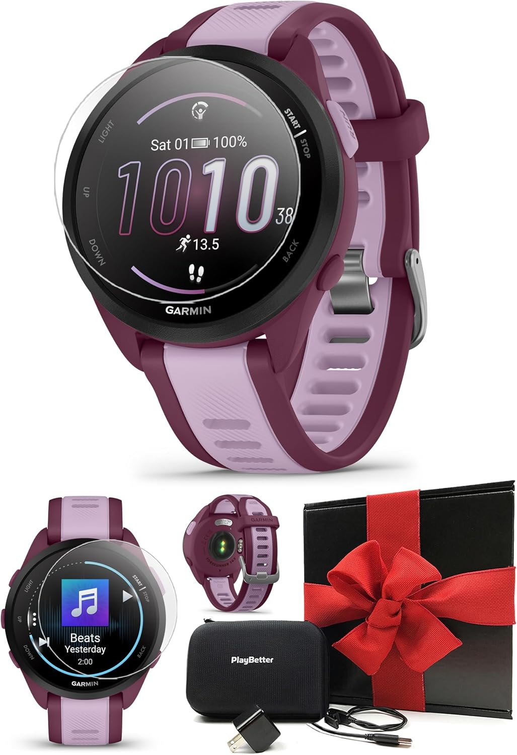 PlayBetter Garmin Forerunner 165 Music (Berry/Lilac) Running GPS Smartwatch Gift Box Bundle - AMOLED Touchscreen, 11-Day Battery, Training - Includes HD Screen Protectors, Wall Adapter & Case