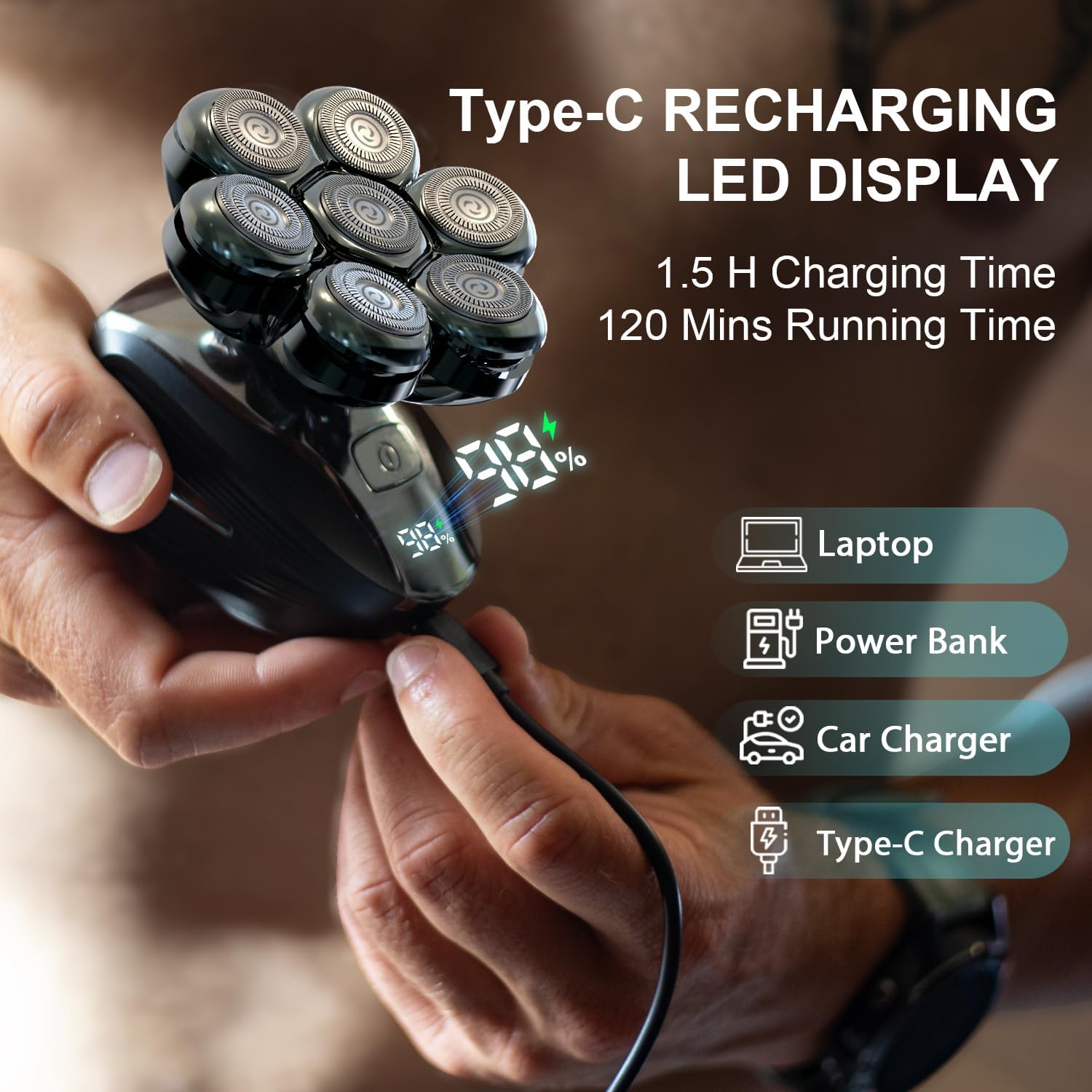 Cyruzi Head Shavers for Bald Men: 7D Floating Electric Razor with Magnetic Removable Head, IPX7 Waterproof Wet or Dry Shaver, LED Display & Type-C Fast Charging