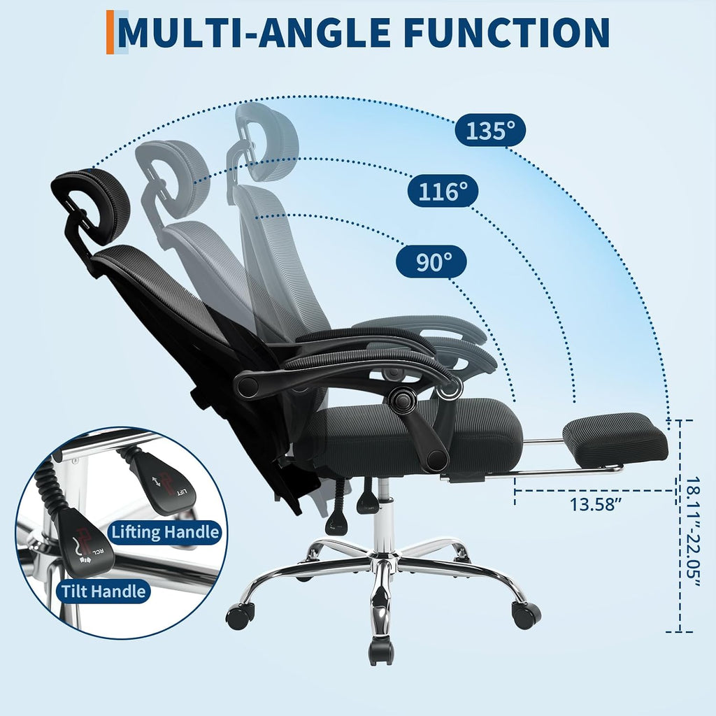 Mesh Ergonomic Office Chair with Footrest, Home Office Computer Desk Chair with Adjustable Headrest and Backrest, Comfortable Lumbar Support, Executive Desk Chair with Wheels 360 Swivel, Black