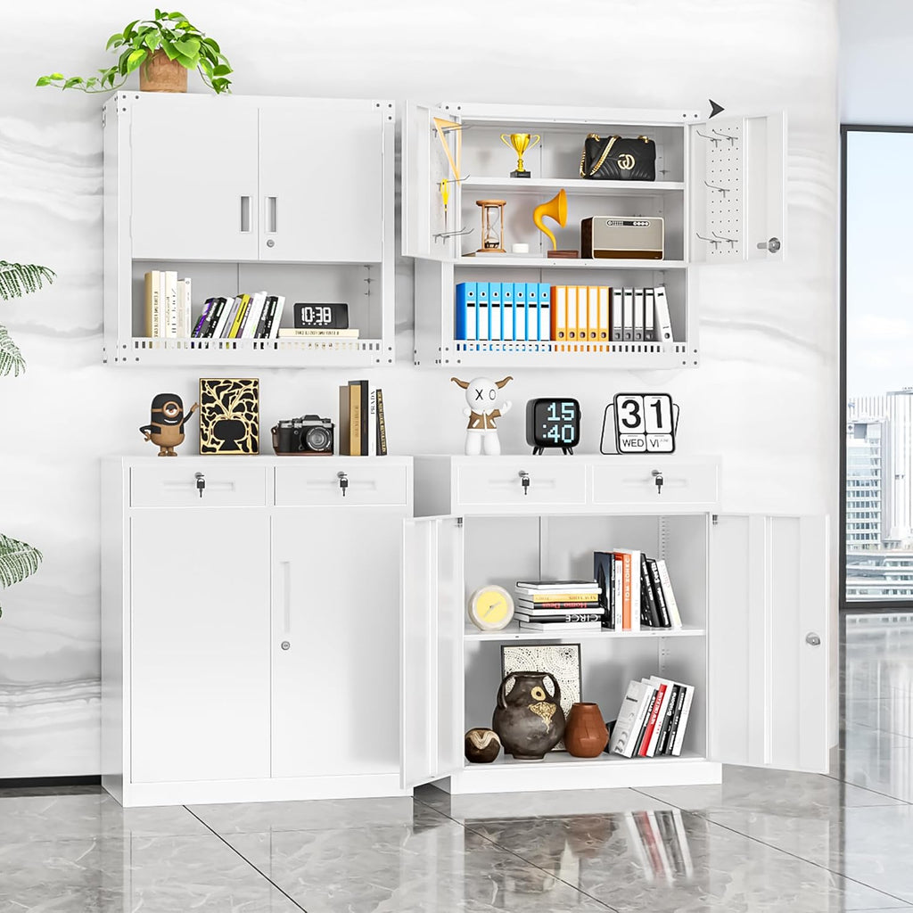 INTERGREAT Metal Storage Cabinet with Drawers, 36'H Lockable Office Storage Cabinets with 2 Doors and Adjustable Shelves, White Steel File Cabinet for Home Office, Garage, School, Apartment(White)