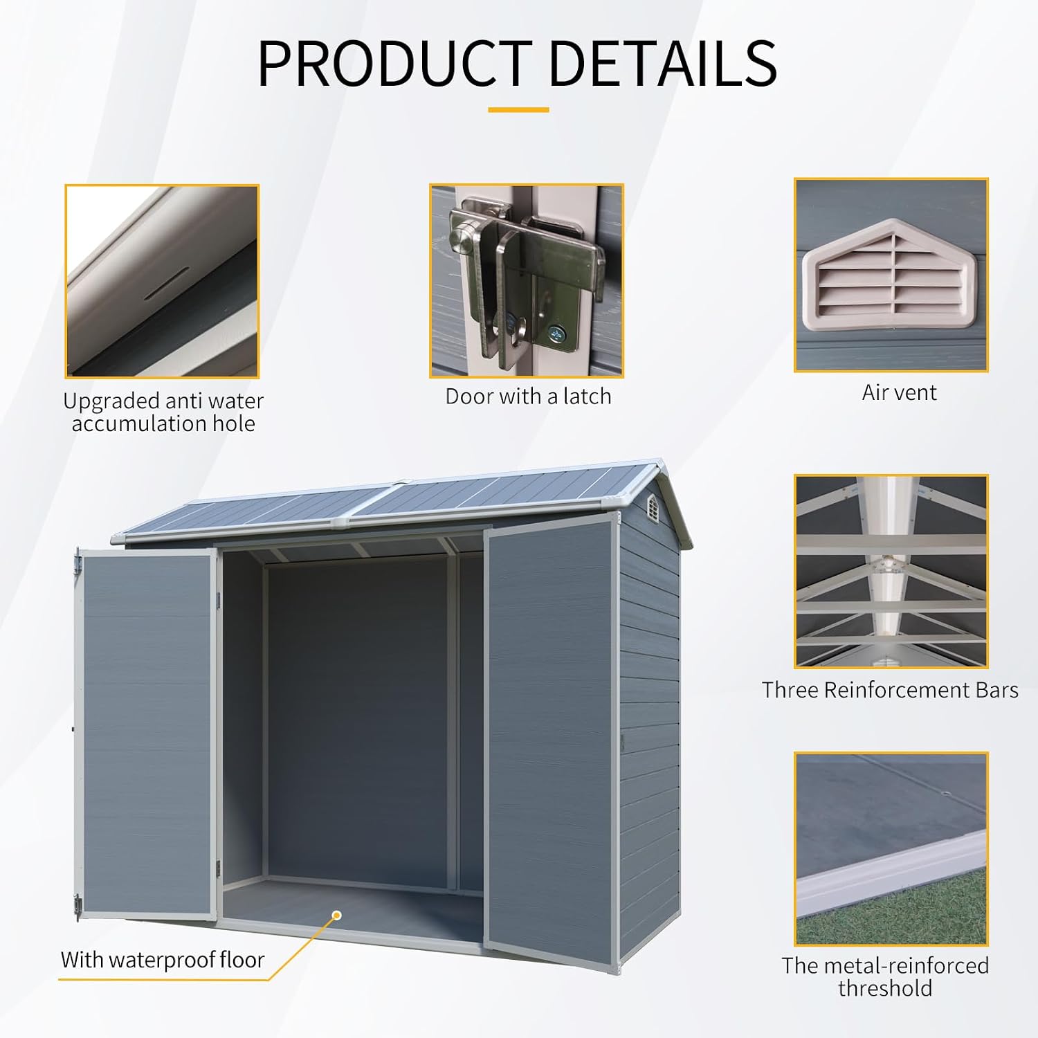 KUIKUI 8x4ft Shed with Floor Included, Plastic Storage Sheds with 2 Windows and Lockable Door, Backyard Storage Sheds for Garden Tools, Bike, Grey