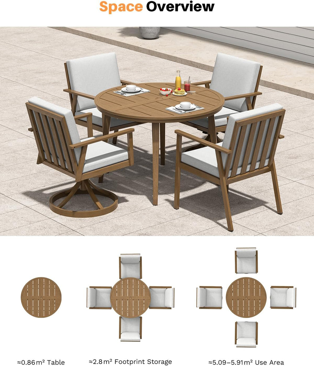 5-Piece Round Outdoor Dining Set, Never-Rust Aluminum Outdoor Table and Chairs Set, 41' Round Dining Table with 2 Swivel Dining Chairs, Modern Patio Dining Set for Garden, Deck, Yard, Teak
