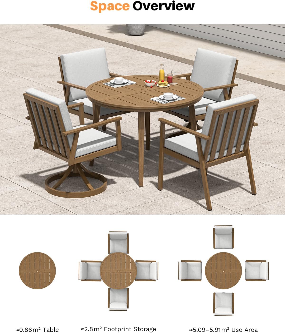 5-Piece Round Outdoor Dining Set, Never-Rust Aluminum Outdoor Table and Chairs Set, 41' Round Dining Table with 2 Swivel Dining Chairs, Modern Patio Dining Set for Garden, Deck, Yard, Teak