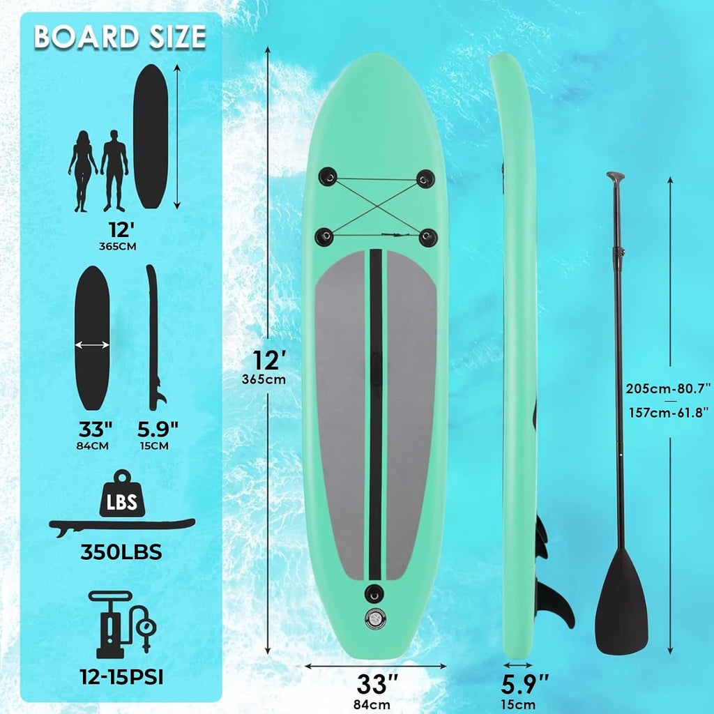 Clevich 12FT Stand Up Paddle Board, Inflatable Paddleboard with SUP Accessories & Carry Bag, Paddle, Hand Pump, Non-Slip Deck, Repair Kit,Leash, 400LBS