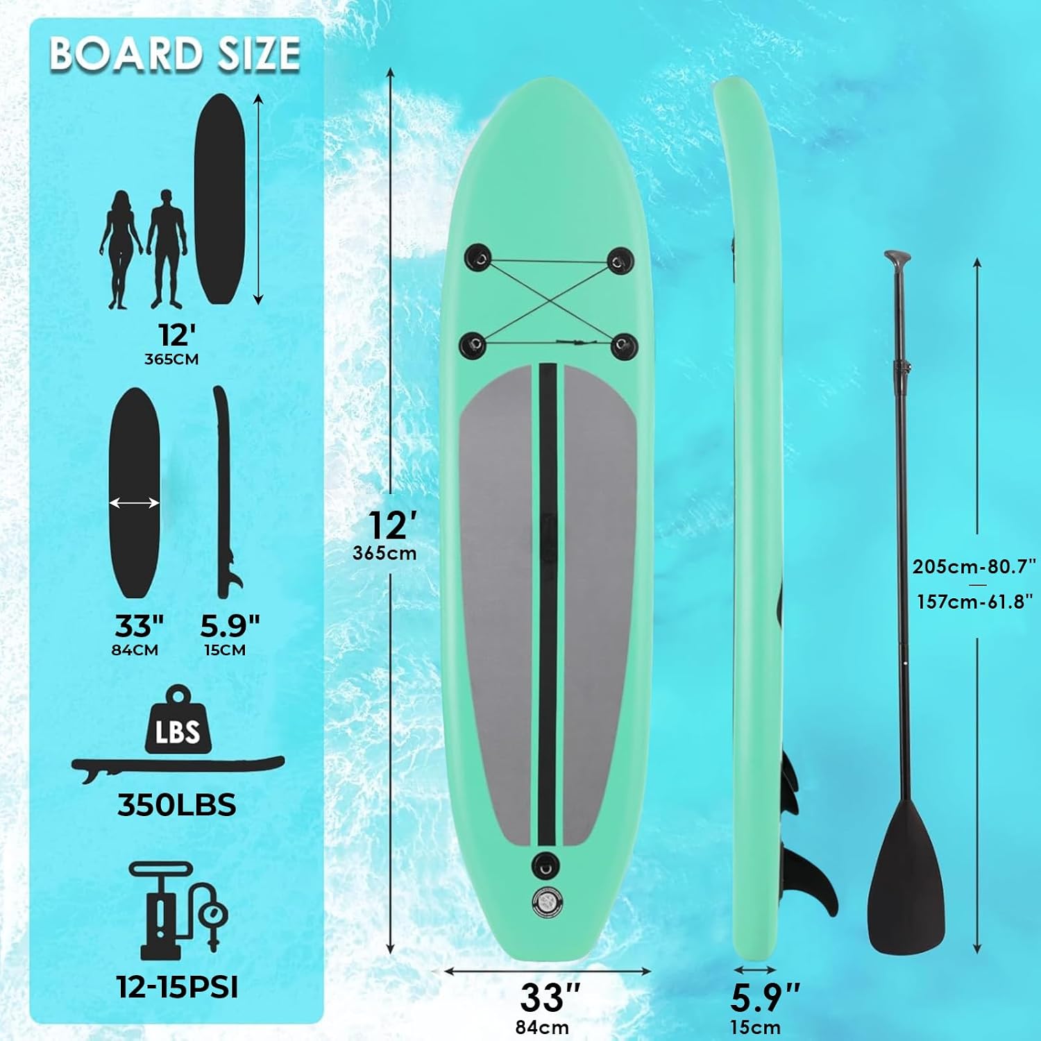 Clevich 12FT Stand Up Paddle Board, Inflatable Paddleboard with SUP Accessories & Carry Bag, Paddle, Hand Pump, Non-Slip Deck, Repair Kit,Leash, 400LBS