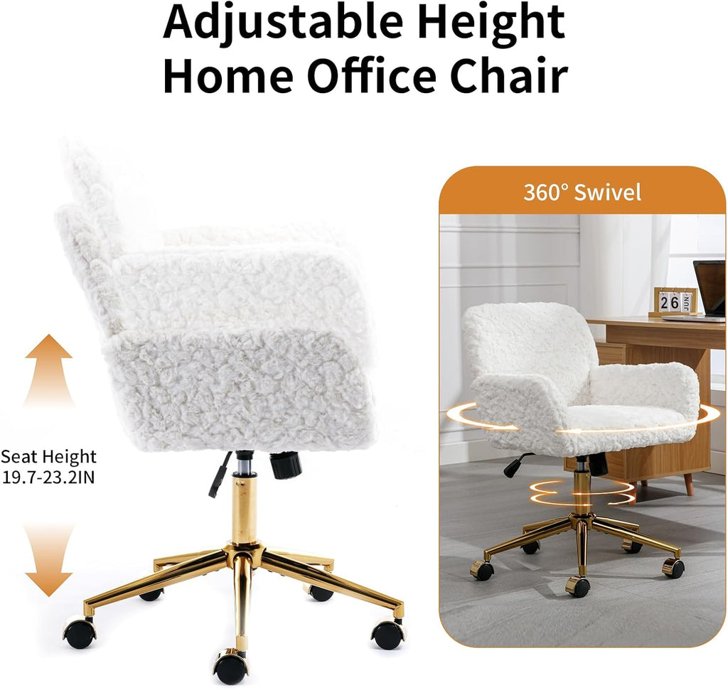 Shenyon White Desk Chair Faux Fur Vanity Chair, Comfortable Home Office Desk Chair with Wheels and Arms, Swivel Cute Office Chair Height Adjustable for Teens Girls Women Home Office, White