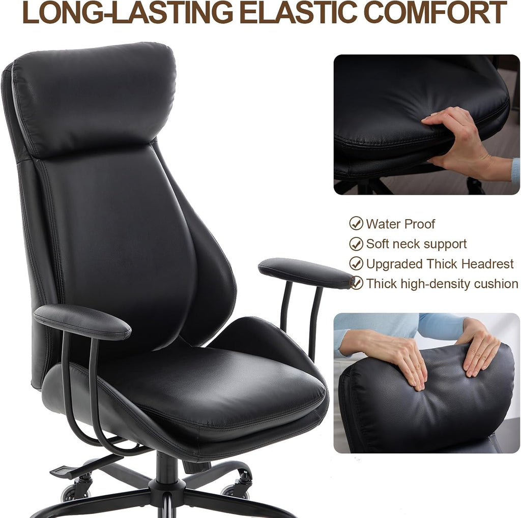 E-Motie Office Chair, Leather Desk Chair with Rubber Wheels, Ergonomic Computer Chair 500 LBS with Lumbar Support, High Back Executive Chair for Modern Home Office, Black