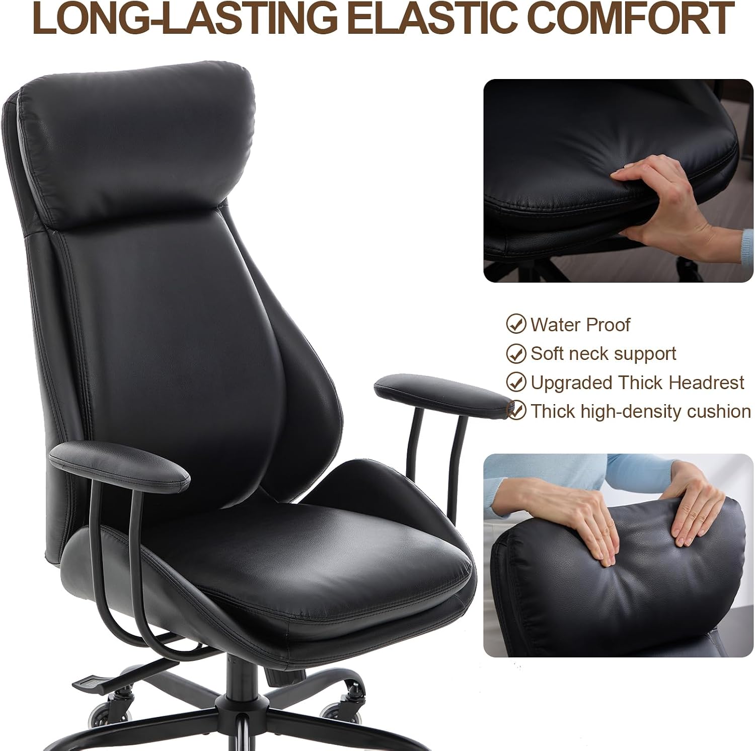 E-Motie Office Chair, Leather Desk Chair with Rubber Wheels, Ergonomic Computer Chair 500 LBS with Lumbar Support, High Back Executive Chair for Modern Home Office, Black